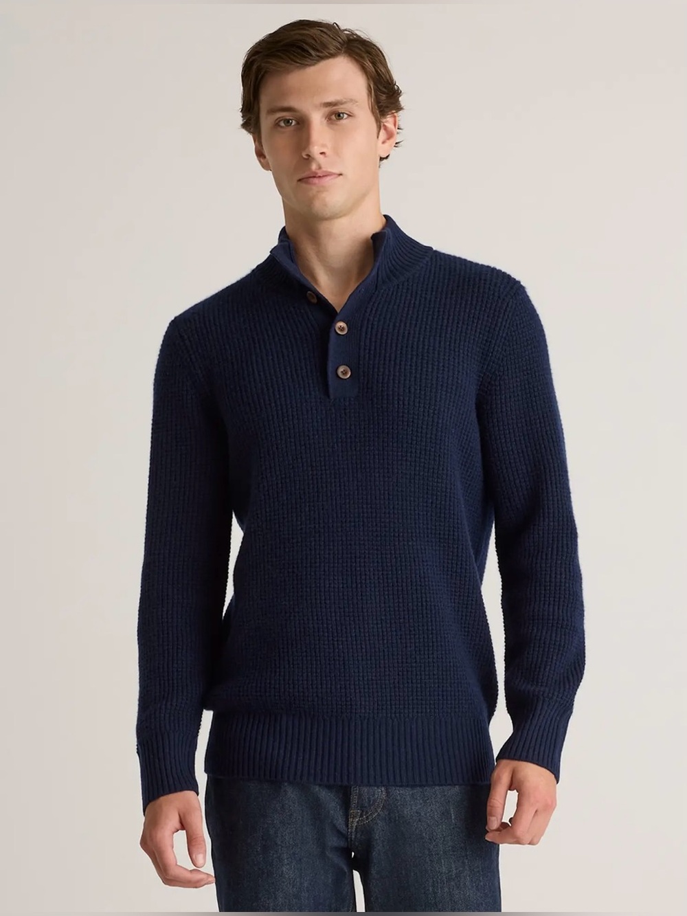 Quince Mongolian Cashmere Waffle Quarter Button Knit Sweater Size M Navy Blue